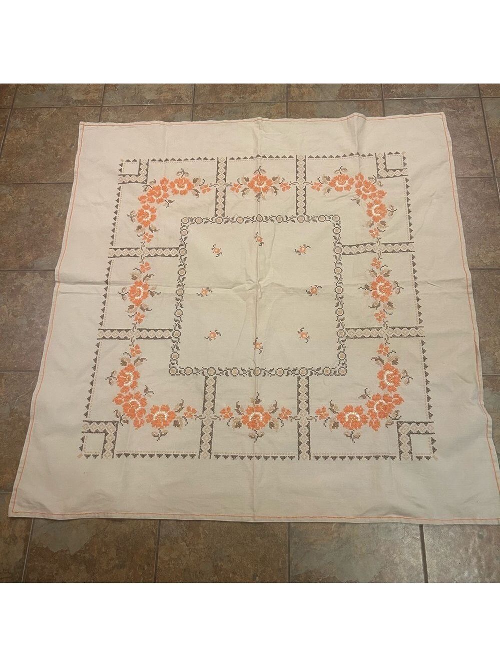 Vintage Cotton Embroidered Tablecloth Wall Hanging Floral Cottage Core Boho